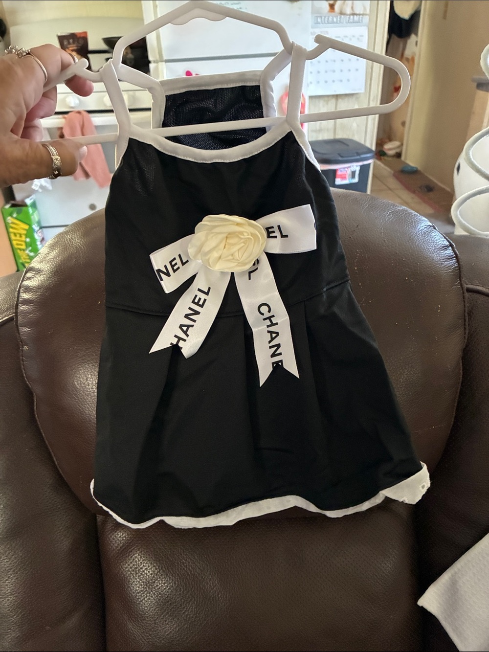CHANEL style pet Black A-Line Dress with White Trim and Ribbon Flower